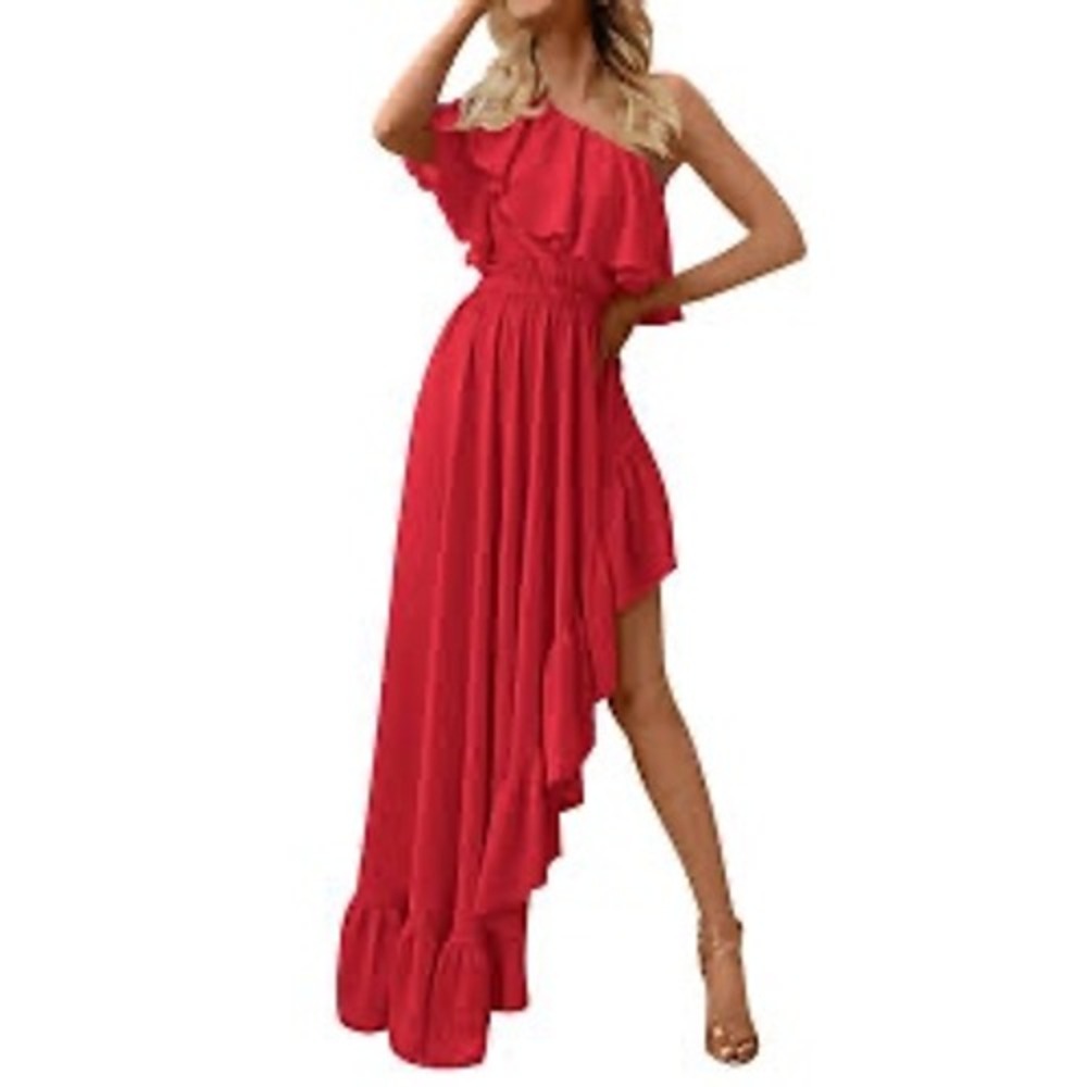ZESICA Women Red One Shoulder Ruffle High Low Maxi Dress Size Medium NWT